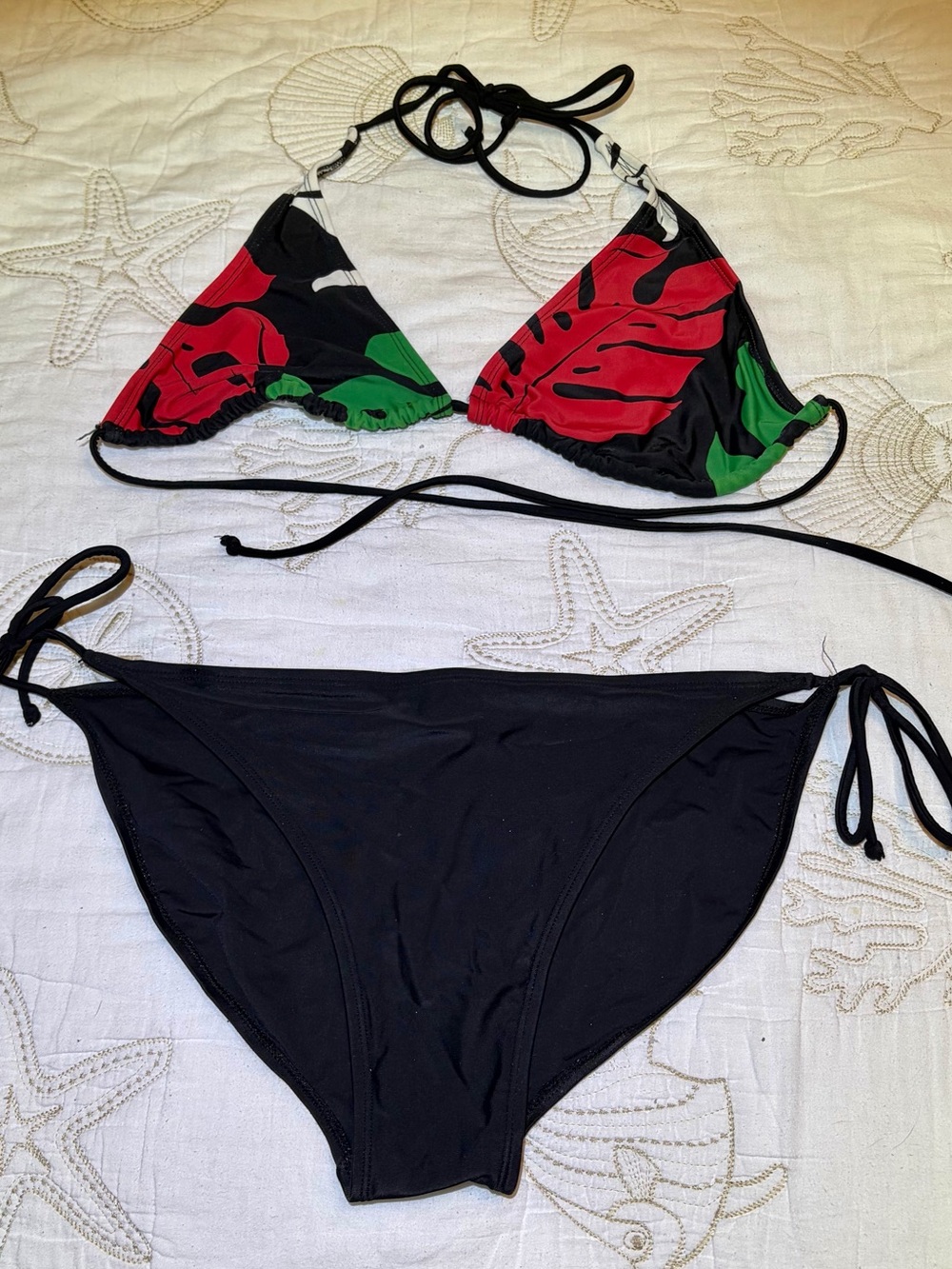 Sexy Black Bikini With Colorful Palm Print Slide Triangle Top & Side Tie Bottom